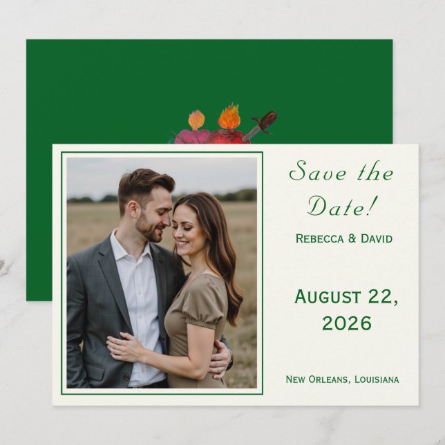 Two Hearts Catholic Flat Save The Date Card (Devant / Derrière)