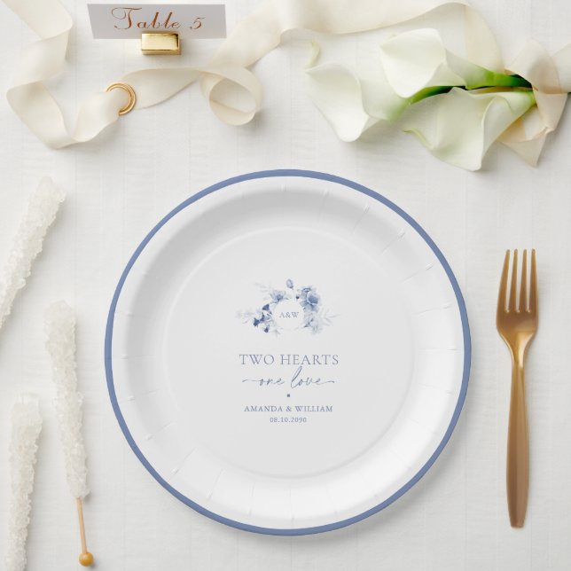 Two Hearts · One Love Dusty Blue Wedding  Pappteller (Hochzeit)