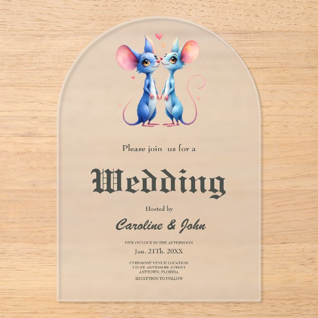 Two Hearts, One Love – Wedding Mice.  Acryleinladungen (Vorderseite)