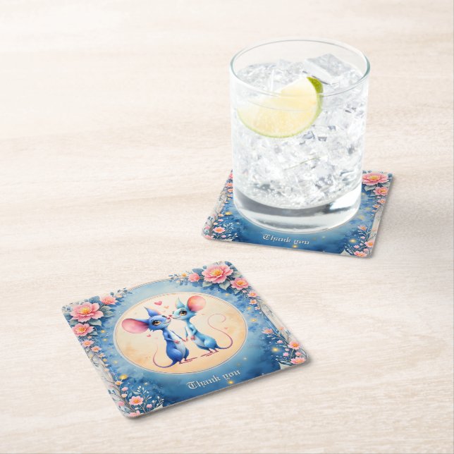 Two Hearts, One Love – Wedding Mice.  Rechteckiger Pappuntersetzer (Vor Ort)