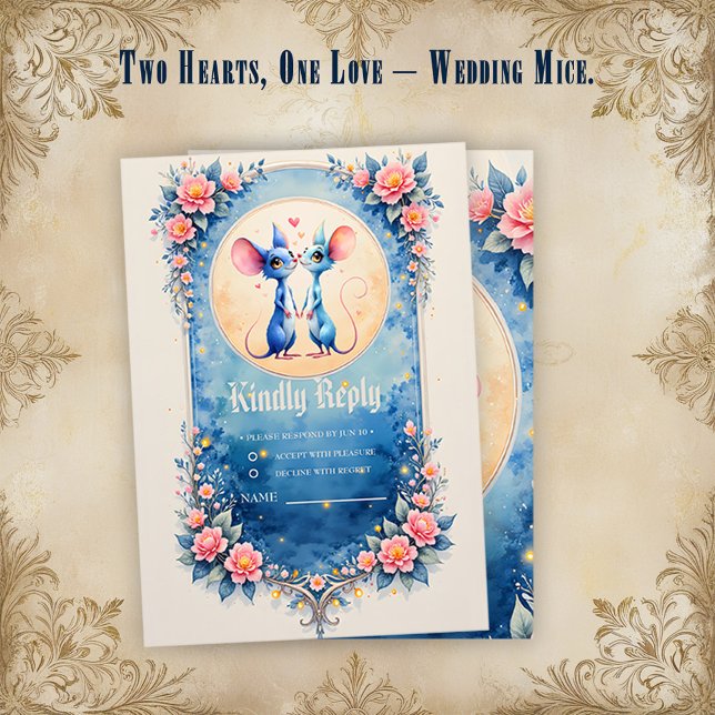 Two Hearts, One Love – Wedding Mice. RSVP Karte (Von Creator hochgeladen)