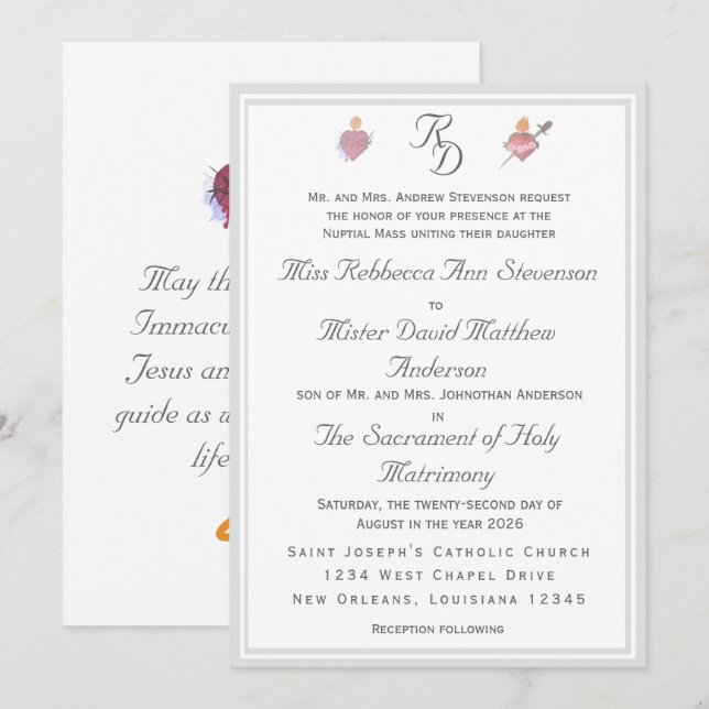 Two Hearts Silver Catholic Wedding Invitation Einladung (Vorne/Hinten)