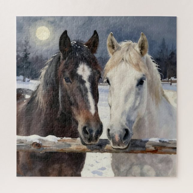 Two Horses on a Snowy Farm Under the Moon (Vertikal)