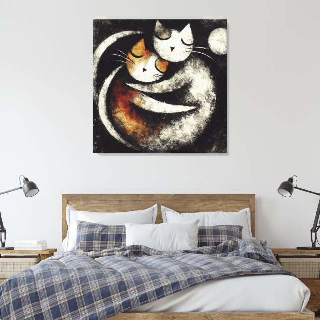  Two Hugging Cats Canvas Print – Chagall-Inspired  Leinwanddruck (Insitu (Schlafzimmer))