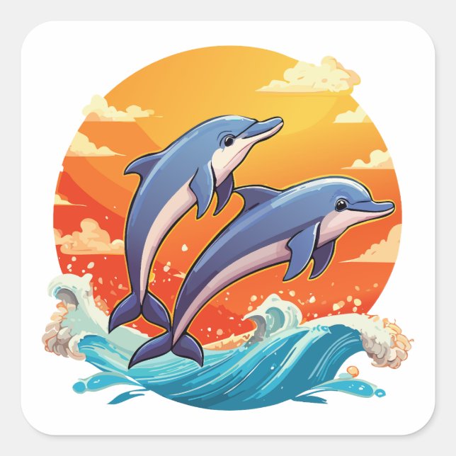 Two jumping cartoon dolphin quadratischer aufkleber (Vorderseite)