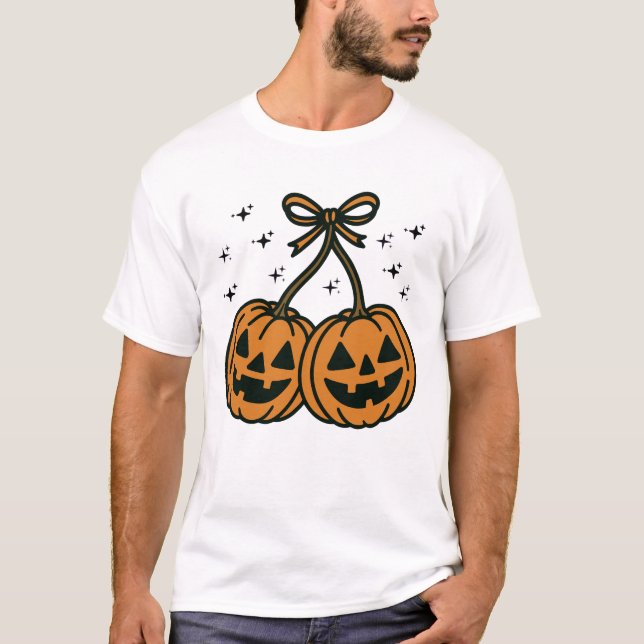 Two Kawaii Jack-O'-Lantern Pumpkins with Bow T-Shirt (Vorderseite)