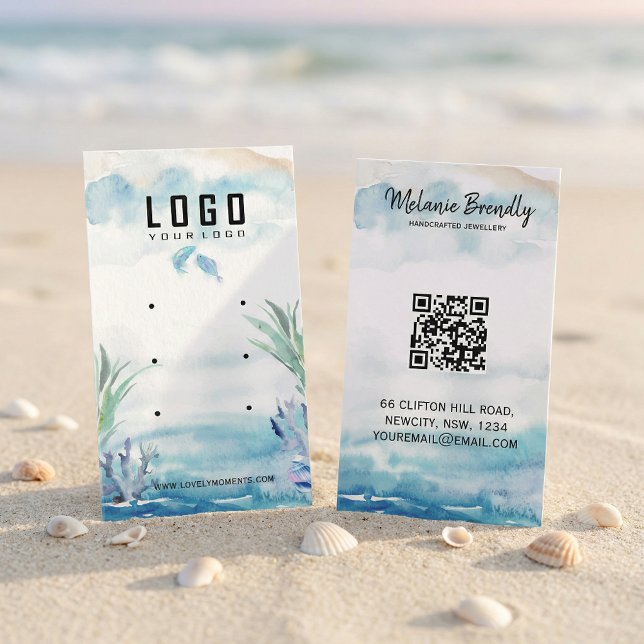Two Less Fish in The Sea Summer Earring Display Visitenkarte (#WatercolorDesign
#JewelryBranding
#SmallBusinessBrand
#ElegantBusinessCard
#HandmadeBrand
#Minimal)