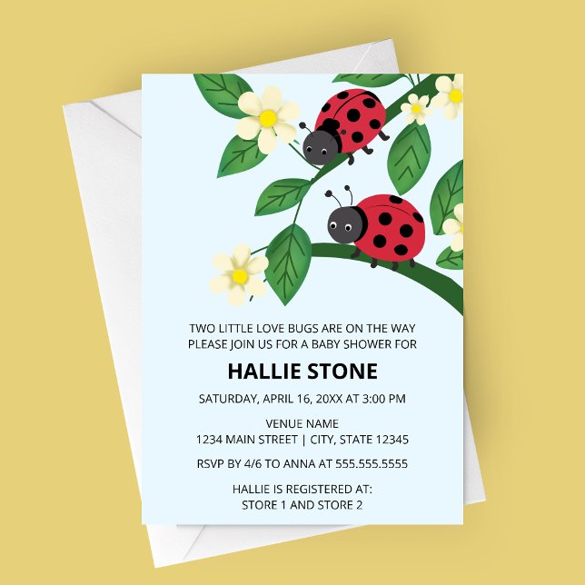 Two Little Love Bugs Ladybug Baby Shower Einladung (Two Little Love Bugs Ladybug Baby Shower Invite | Floral Garden Twin Shower Invitation)