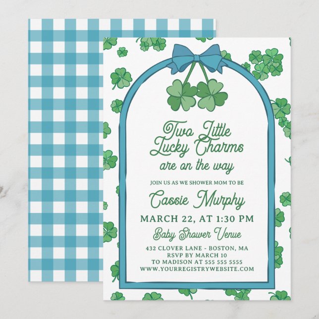 Two Lucky Charms Clovers Boy Twins Baby Shower Einladung (Vorne/Hinten)