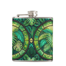 Two metal flasks with vibrant green tropical  flachmann