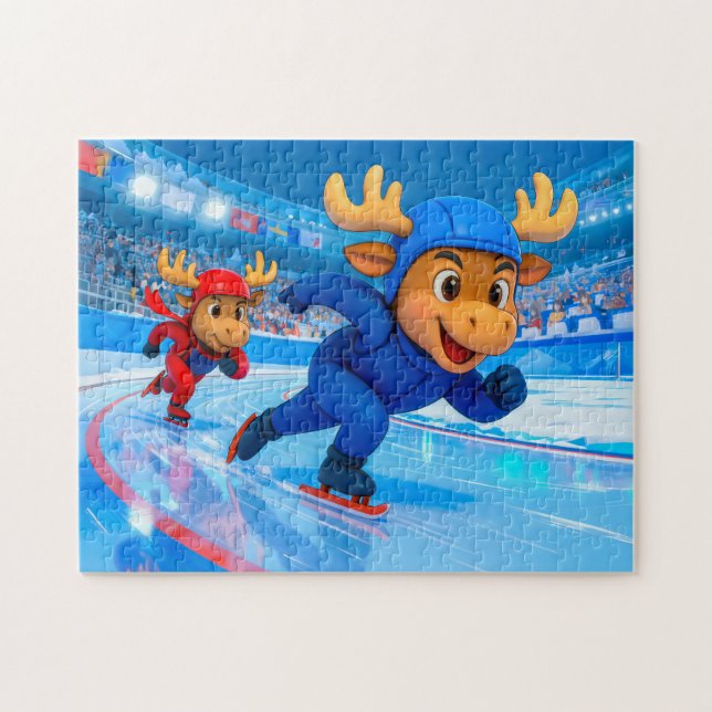 Two Moose Speed Skating on an Icy Track (Horizontal)