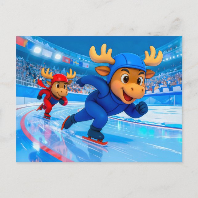 Two Moose Speed Skating on an Icy Track Postkarte (Vorderseite)