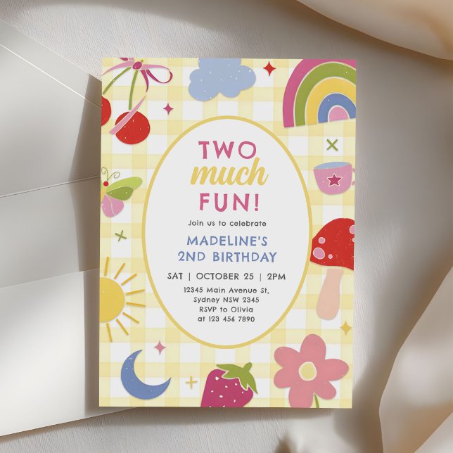 Two Much Fun Retro Hand Drawn Quirky 2nd Birthday Einladung (Von Creator hochgeladen)
