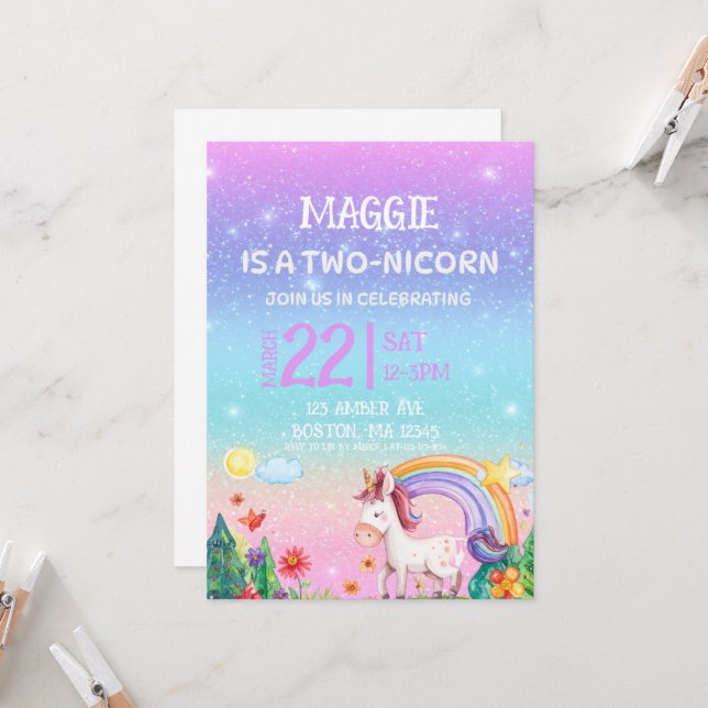 TWO-NICORN 2nd birthday invitation  Einladung (Vorderseite/Rückseite Beispiel)