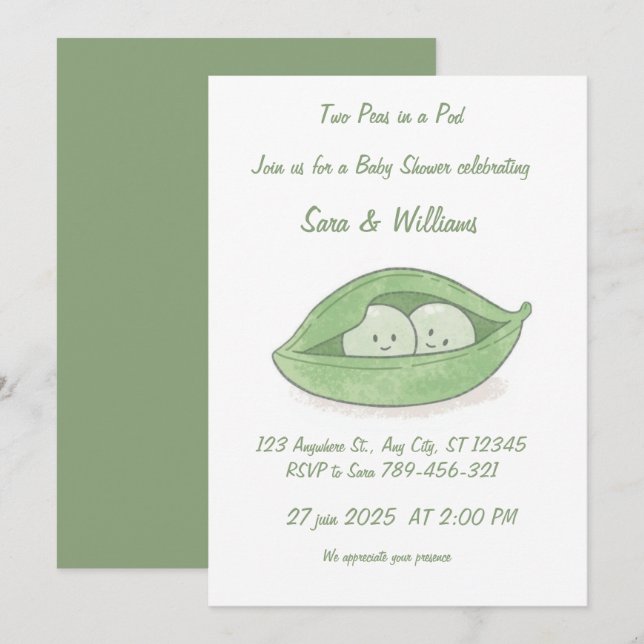 Two Peas In a Pod Twin Baby Shower Invitation Einladung (Vorne/Hinten)