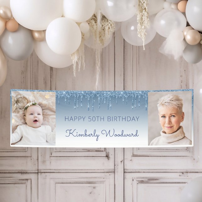 Two Photo Blue Dripping Glitter 50th Birthday Banner (Von Creator hochgeladen)