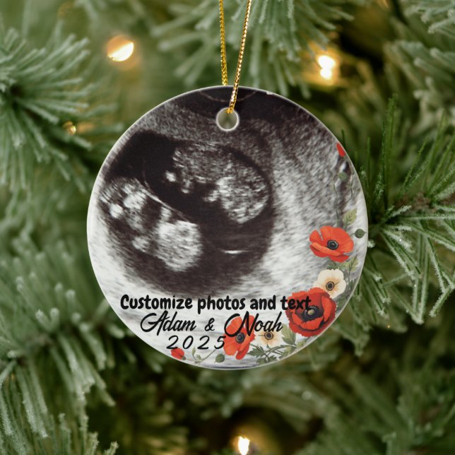 Two Photo Custom Text Red Poppies Free Palestine Keramik Ornament (Baum)