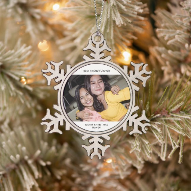 Two Photo Minimalist Best Friend Schneeflocken Zinn-Ornament (Baum)