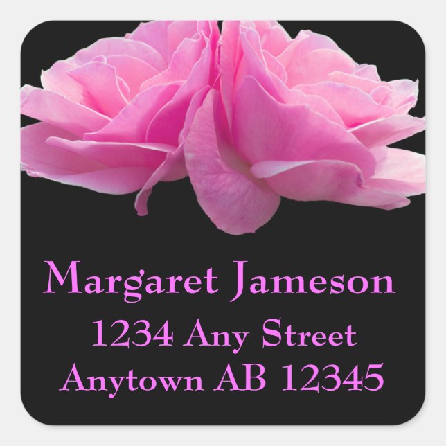 Two Pink Roses Wedding Return Address Label Quadratischer Aufkleber (Vorderseite)
