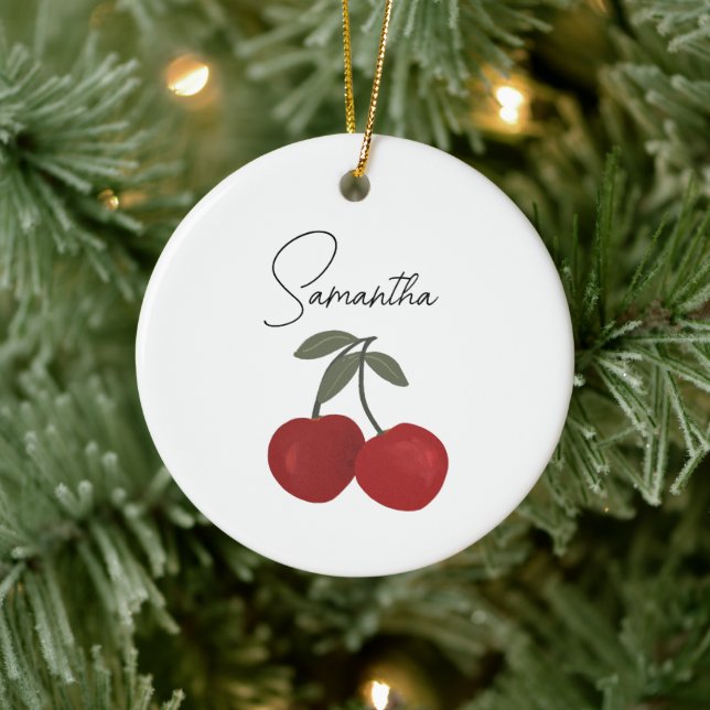 Two Red Cherries Illustration | Cute Fruit Art  Keramik Ornament (Baum)