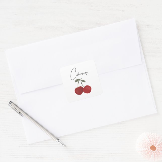 Two Red Cherries Illustration | Cute Fruit Art  Quadratischer Aufkleber (Umschlag)