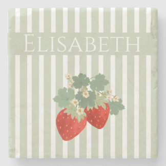 Two Red Strawberries Stripes & Flowers | Fruit Steinuntersetzer