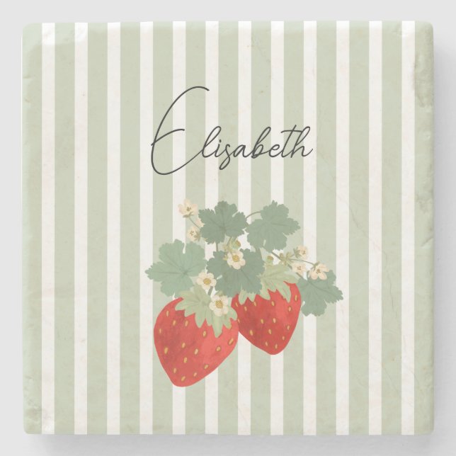 Two Red Strawberries Stripes & Flowers | Fruit Steinuntersetzer (Vorderseite)