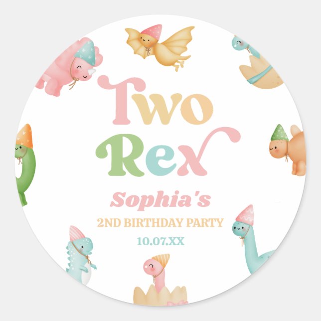 Two Rex Dinosaur 2nd Second Birthday Party Runder Aufkleber (Vorderseite)