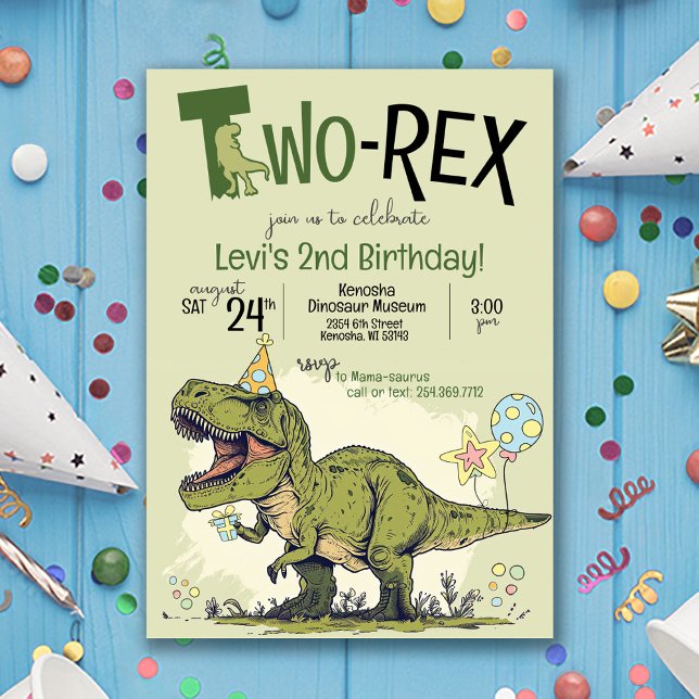 Two-Rex Niedlich Dinosaurier Cartoon 2. Geburtstag Einladung (Cute Cartoon T-Rex Dinosaur wearing birthday hat, Two-Rex 2nd birthday party invitation two-a-saurus)