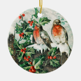 Two robins on a fence in the snow keramik ornament