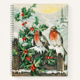 Two robins on a fence in the snow notizbuch