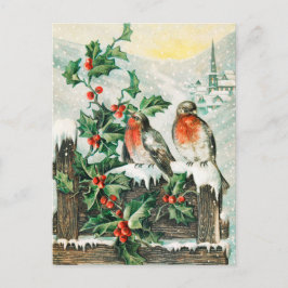 Two robins on a fence in the snow postkarte