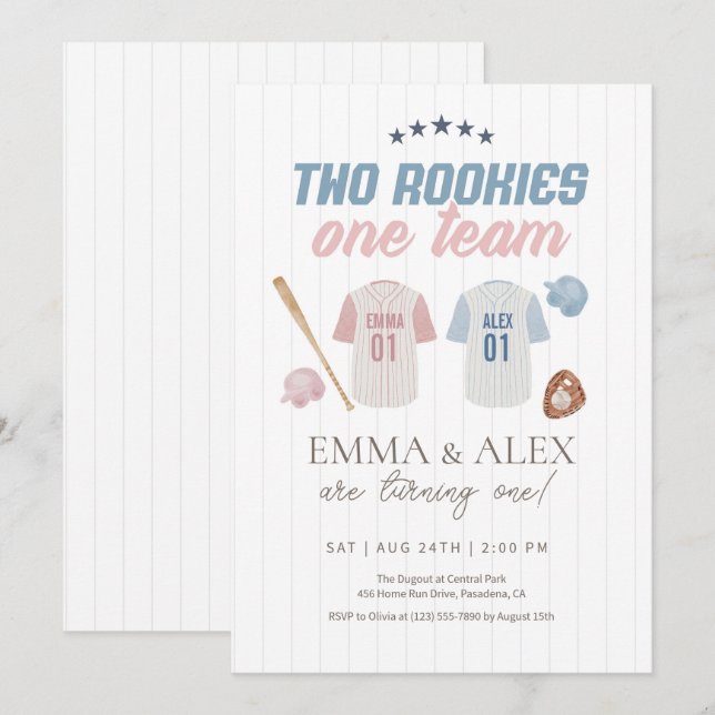 Two Rookies One Team Baseball Sibling Birthday Einladung (Vorne/Hinten)
