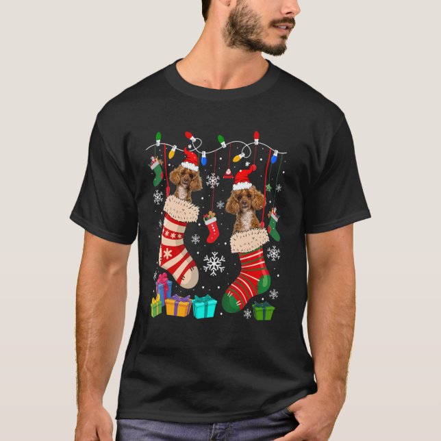 Two Santa Poodle Dogs in Christmas Socks Dog Owne T-Shirt (Vorderseite)