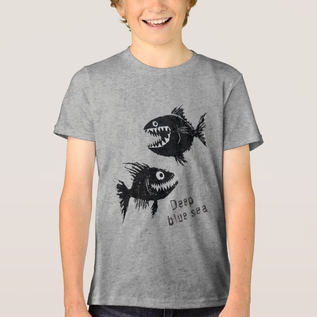 Two scary fish, tattoo style, personalized Tri-Blend shirt (Vorderseite)