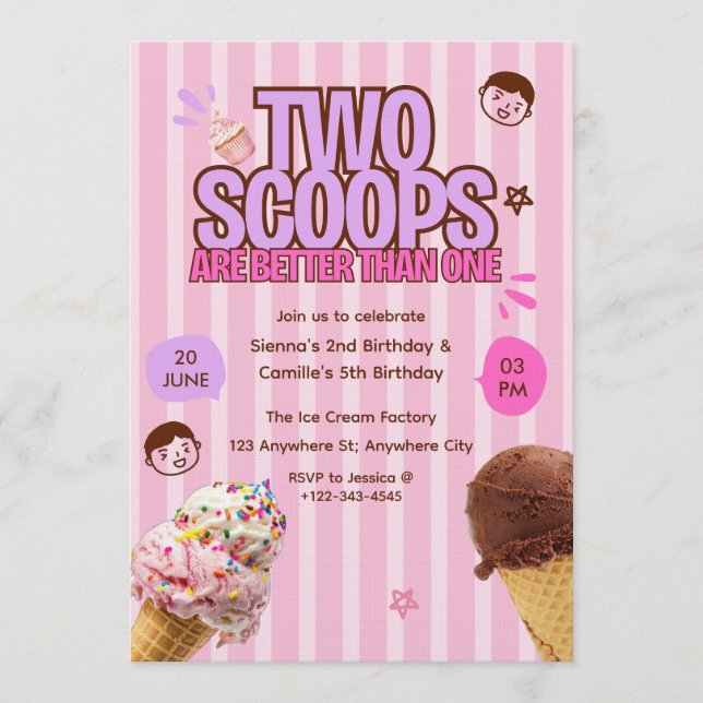 Two Scoops are Better Than One Ice Cream Birthday  Einladung (Vorderseite)