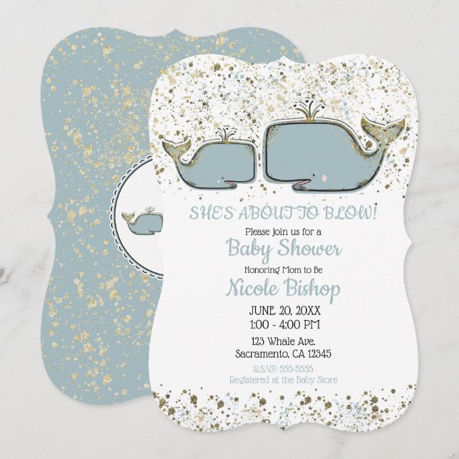 Two Sea Whales Blue & Gold Boutique Baby Dusche Einladung (Vorne/Hinten)
