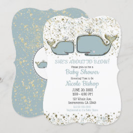 Two Sea Whales Blue & Gold Boutique Baby Dusche Einladung