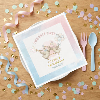 Two Silly Geese Boy & Girl Twins Birthday Serviette