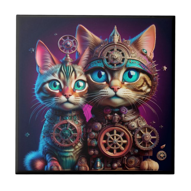 Two Steampunk Kittens Pose Fliese (Vorderseite)