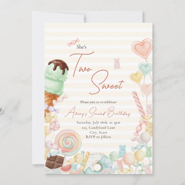 Two Sweet Birthday Invite Yellow Stripe Einladung (Vorderseite)
