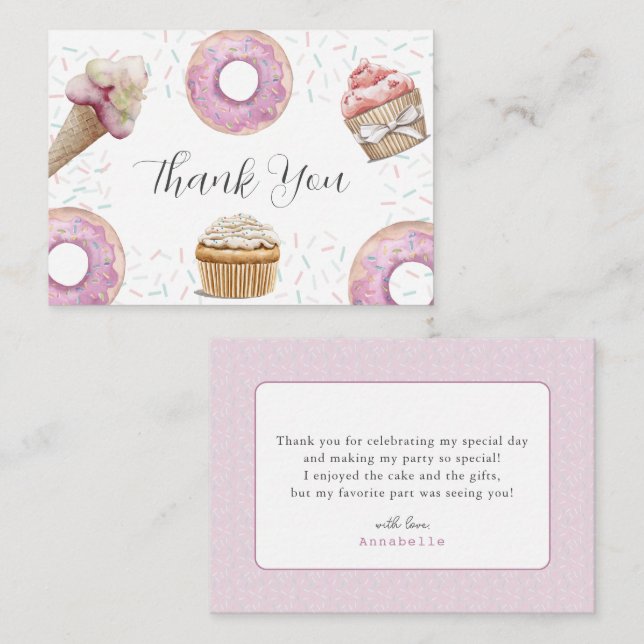 Two Sweet Cupcake & Donuts 2nd Birthday Thank You Mitteilungskarte (Vorne/Hinten)