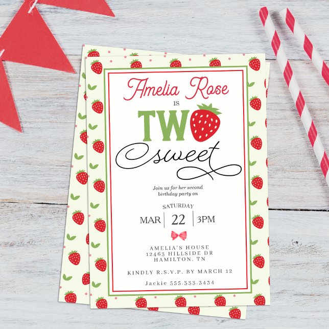 Two Sweet Strawberry 2nd Birthday Party Einladung (Two Sweet Strawberry 2nd Birthday Party Invitation)