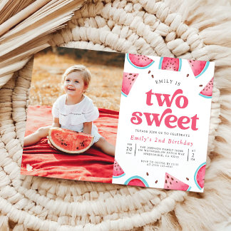 Two Sweet Watermelon Girl Photo 2nd Birthday Party Einladung