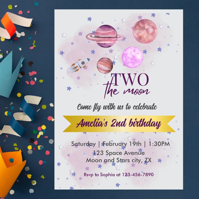 Two The Moon 2nd Birthday Girl Moon Stars Rocket  Einladung (Von Creator hochgeladen)