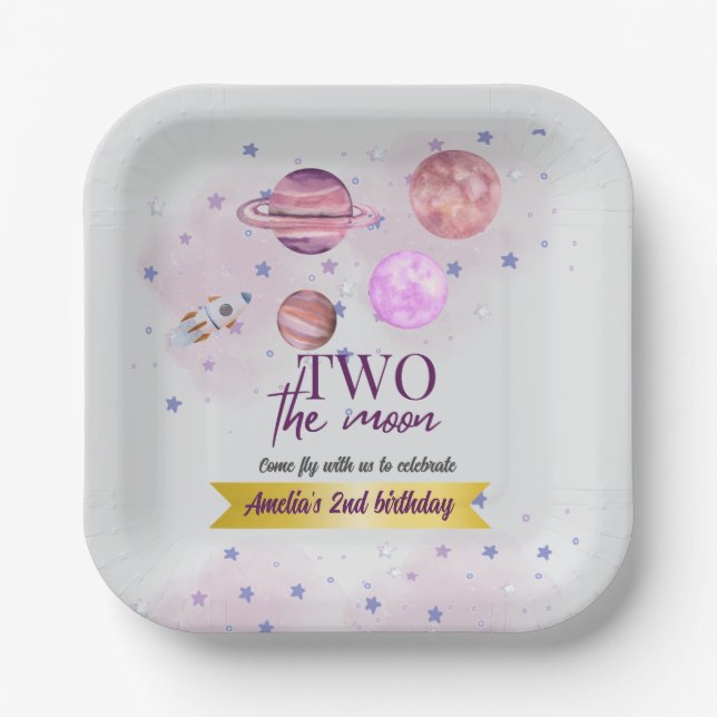 Two The Moon 2nd Birthday Girl Moon Stars Rocket  Pappteller (Vorderseite)