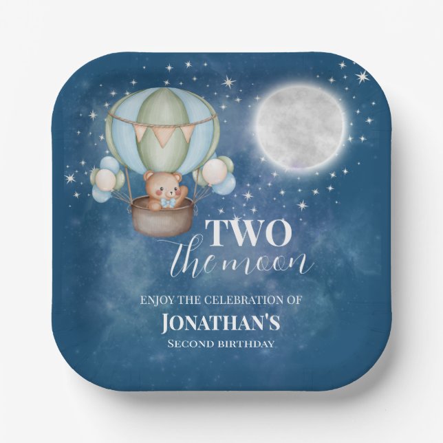 Two The Moon Boy Bear Balloon 2nd Birthday  Pappteller (Vorderseite)