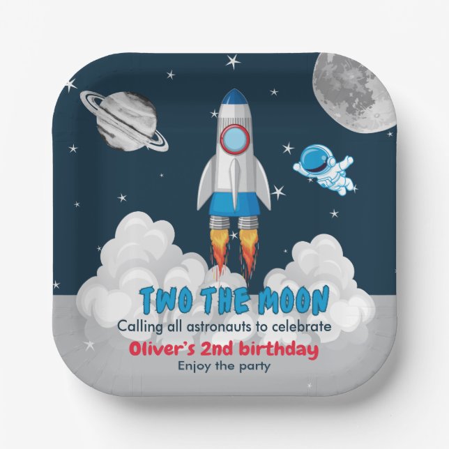 Two The Moon Boy Space Rocket 2nd Birthday  Pappteller (Vorderseite)