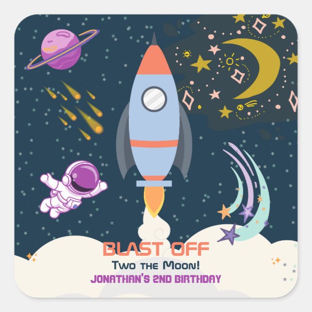 Two The Moon Boy Space Rocket 2nd Birthday Quadratischer Aufkleber (Vorderseite)