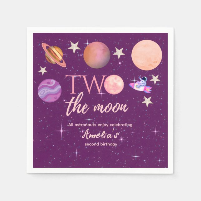 Two The Moon Girl Space Pink Planets 2nd Bday Serviette (Vorderseite)